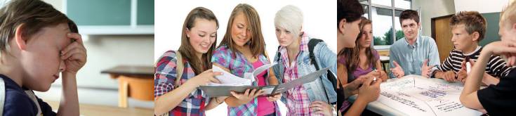 erschöpfter Schüler, 3 Schülerinnen sichten Ordner, Projektgruppe mit Schüler und Lehrer