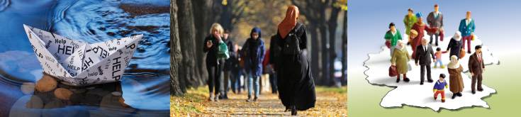 Papierschiffchen mit Aufschrift "Help" (=Hilfe) im Wasser; muslimische Frau mit Mantel und Kopftuch im Park; Migranten in Deutschland, dargestellt durch kleine Figuren auf Deutschlandkarte