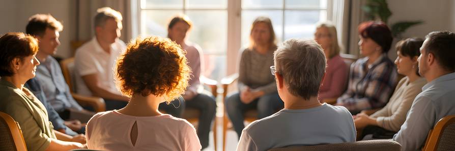 Menschen sitzen im Stuhlkreis und tauschen ihre Gefühle und Erfahrungen aus